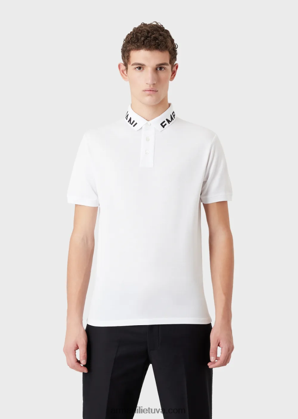 vyrų baltas logotipas Armani merserizuoti pique polo marškinėliai su logotipo apykakle 02482X1527