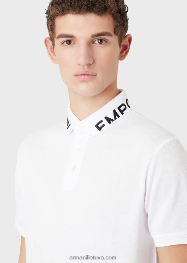 vyrų baltas logotipas Armani merserizuoti pique polo marškinėliai su logotipo apykakle 02482X1527