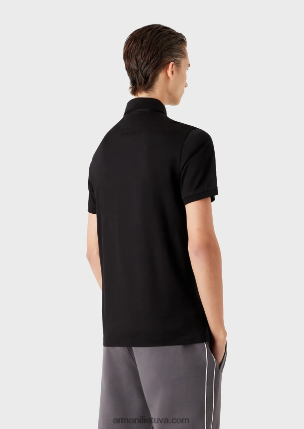vyrų juodas Armani Tencel-blend trikotažiniai polo marškinėliai su mikro ereliu 02482X1565