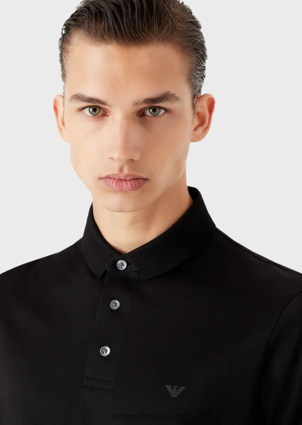 vyrų juodas Armani Tencel-blend trikotažiniai polo marškinėliai su mikro ereliu 02482X1565