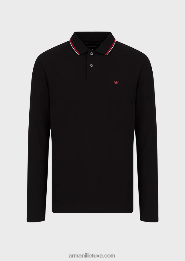 vyrų juodas Armani ilgomis rankovėmis tamprūs polo marškinėliai su mikro erelio siuvinėjimu 02482X1557