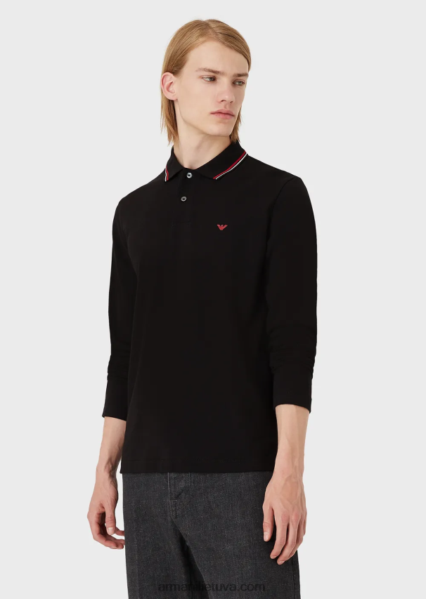 vyrų juodas Armani ilgomis rankovėmis tamprūs polo marškinėliai su mikro erelio siuvinėjimu 02482X1557
