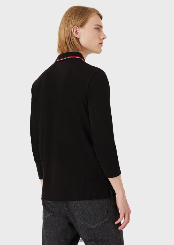 vyrų juodas Armani ilgomis rankovėmis tamprūs polo marškinėliai su mikro erelio siuvinėjimu 02482X1557