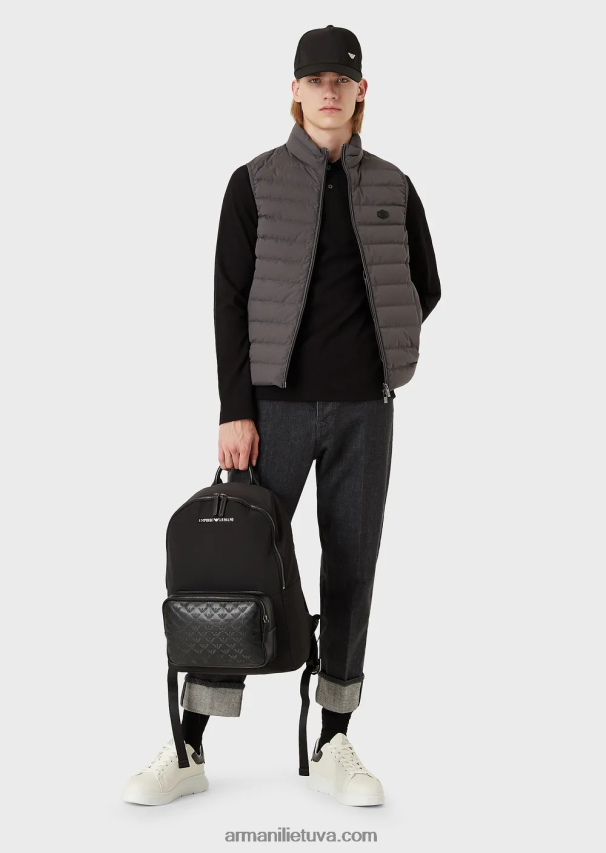 vyrų juodas Armani ilgomis rankovėmis tamprūs polo marškinėliai su mikro erelio siuvinėjimu 02482X1557