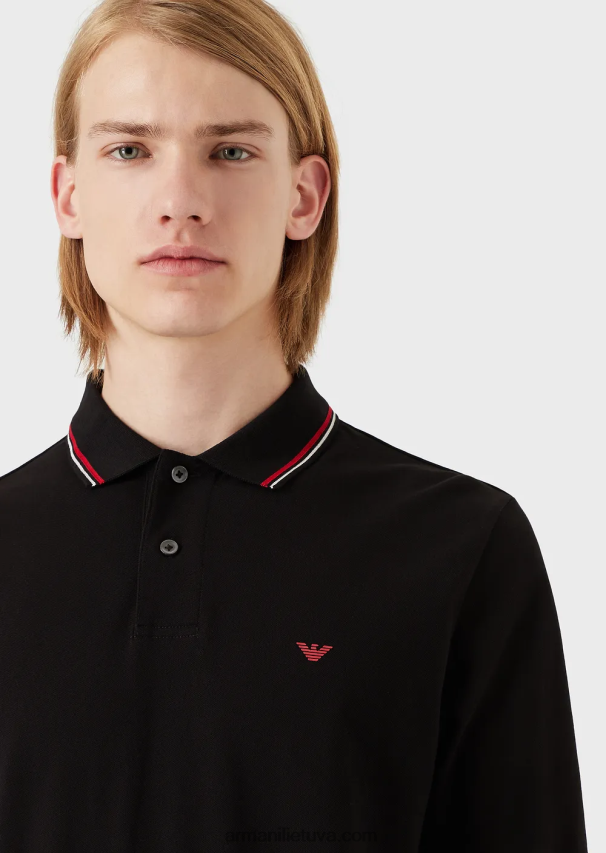 vyrų juodas Armani ilgomis rankovėmis tamprūs polo marškinėliai su mikro erelio siuvinėjimu 02482X1557