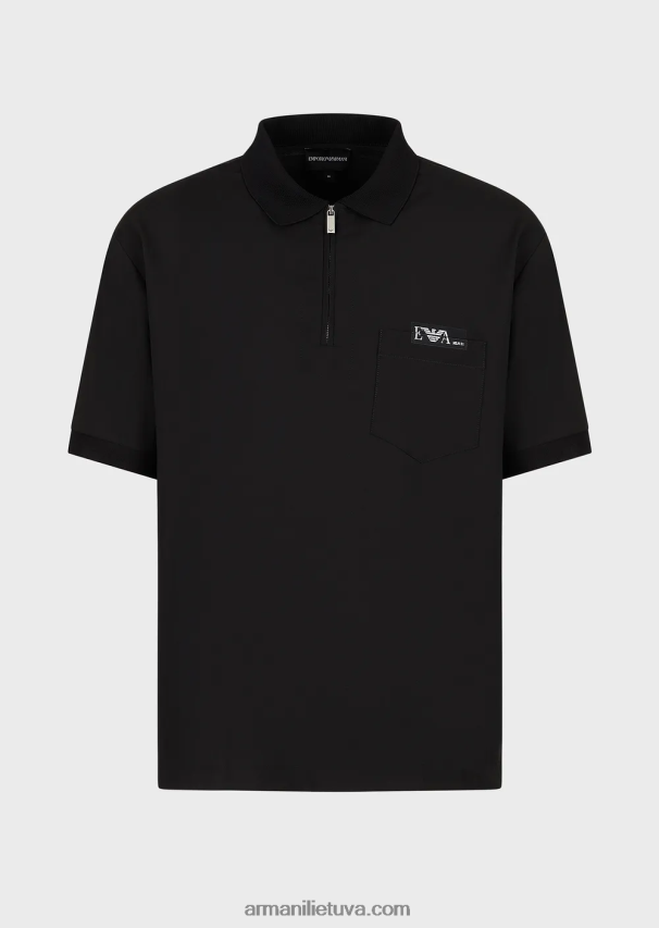 vyrų juodas Armani šviesūs vilnoniai polo marškinėliai su daliniu užtrauktuku 02482X1544