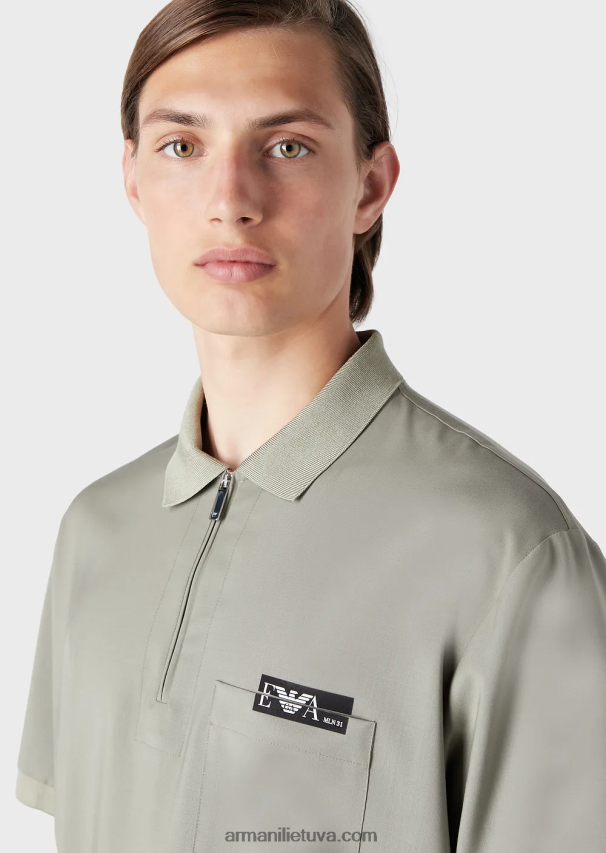 vyrų pilka Armani šviesūs vilnoniai polo marškinėliai su daliniu užtrauktuku 02482X1543