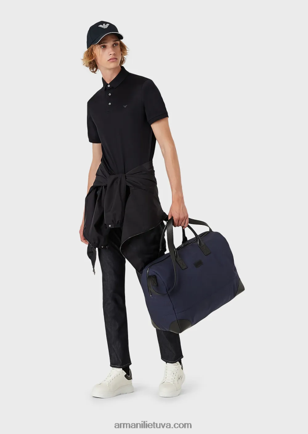 vyrų tamsiai mėlyna Armani Tencel-blend trikotažiniai polo marškinėliai su mikro ereliu 02482X1567