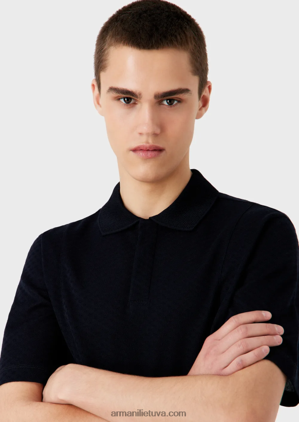 vyrų tamsiai mėlyna Armani žakardo trikotažo polo marškinėliai su mikro raštu 02482X1538