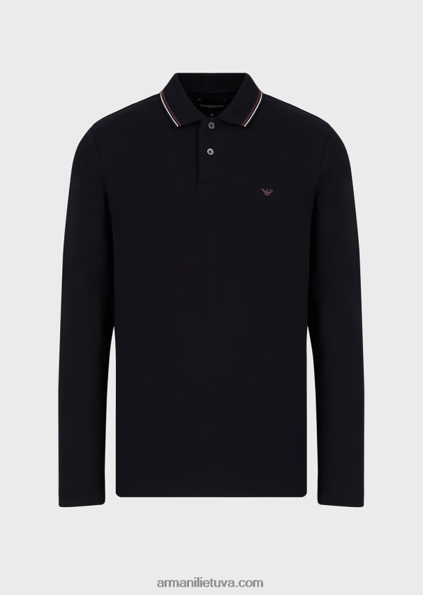 vyrų tamsiai mėlyna Armani ilgomis rankovėmis tamprūs polo marškinėliai su mikro erelio siuvinėjimu 02482X1558