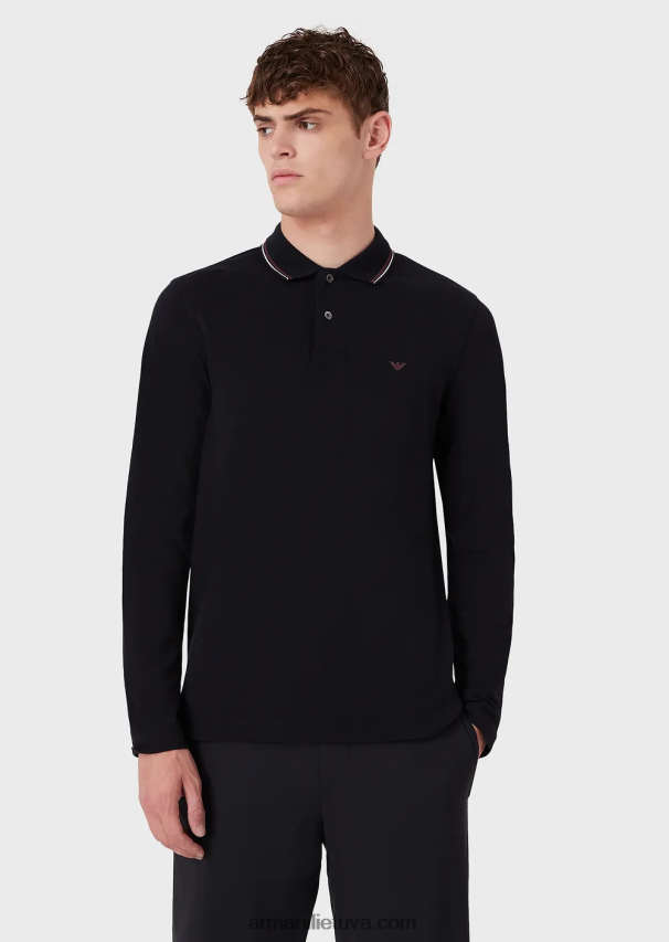 vyrų tamsiai mėlyna Armani ilgomis rankovėmis tamprūs polo marškinėliai su mikro erelio siuvinėjimu 02482X1558