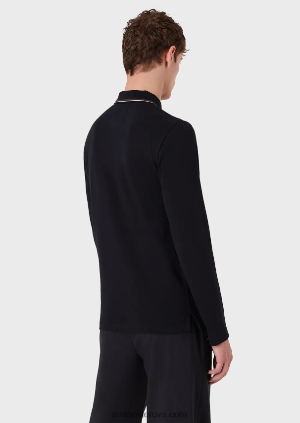 vyrų tamsiai mėlyna Armani ilgomis rankovėmis tamprūs polo marškinėliai su mikro erelio siuvinėjimu 02482X1558