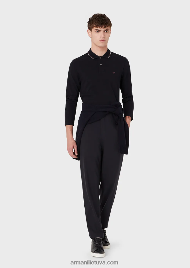 vyrų tamsiai mėlyna Armani ilgomis rankovėmis tamprūs polo marškinėliai su mikro erelio siuvinėjimu 02482X1558