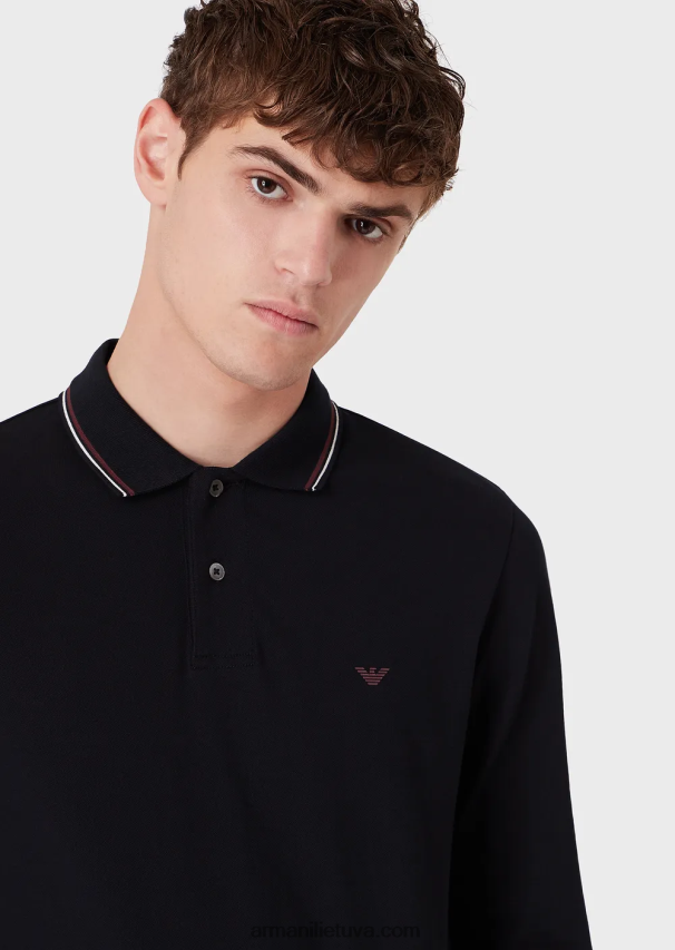 vyrų tamsiai mėlyna Armani ilgomis rankovėmis tamprūs polo marškinėliai su mikro erelio siuvinėjimu 02482X1558