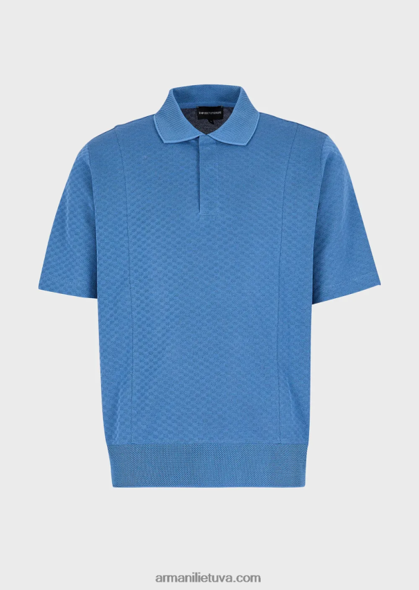 vyrų žydros spalvos Armani žakardo trikotažo polo marškinėliai su mikro raštu 02482X1539