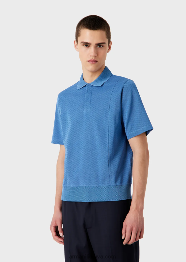 vyrų žydros spalvos Armani žakardo trikotažo polo marškinėliai su mikro raštu 02482X1539