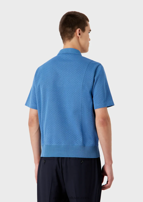 vyrų žydros spalvos Armani žakardo trikotažo polo marškinėliai su mikro raštu 02482X1539
