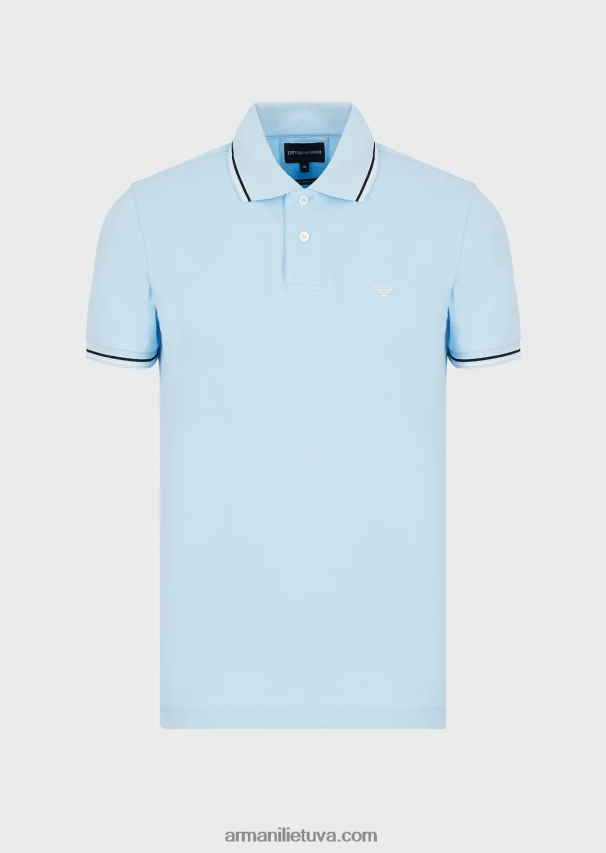 vyrų žydros spalvos Armani tamprūs pique polo marškinėliai su mikro ereliu 02482X1554