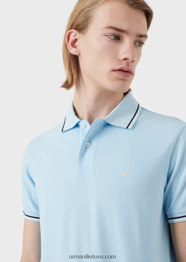 vyrų žydros spalvos Armani tamprūs pique polo marškinėliai su mikro ereliu 02482X1554
