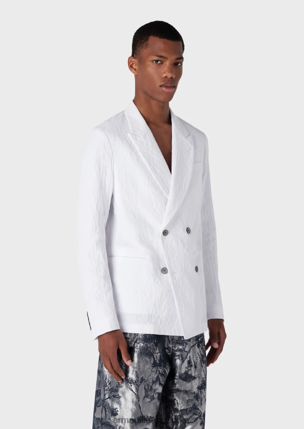 vyrų baltas Armani dvieilis švarkas su atlapais iš praustos išvaizdos tamprios medvilnės 02482X1029