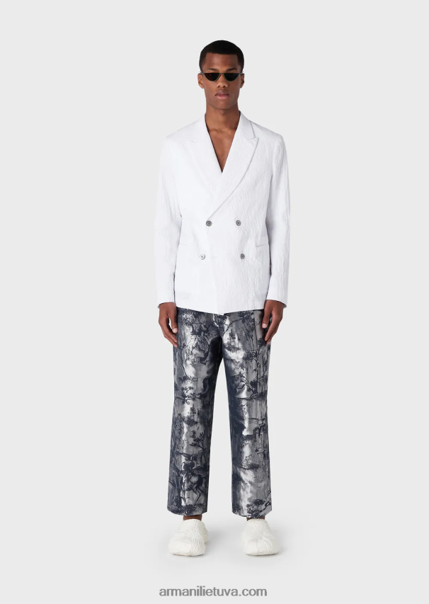 vyrų baltas Armani dvieilis švarkas su atlapais iš praustos išvaizdos tamprios medvilnės 02482X1029