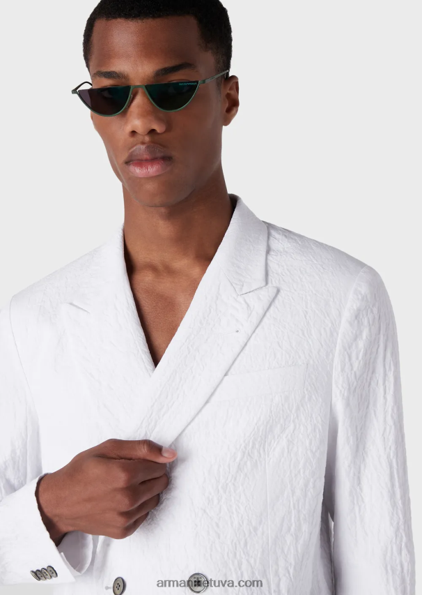 vyrų baltas Armani dvieilis švarkas su atlapais iš praustos išvaizdos tamprios medvilnės 02482X1029