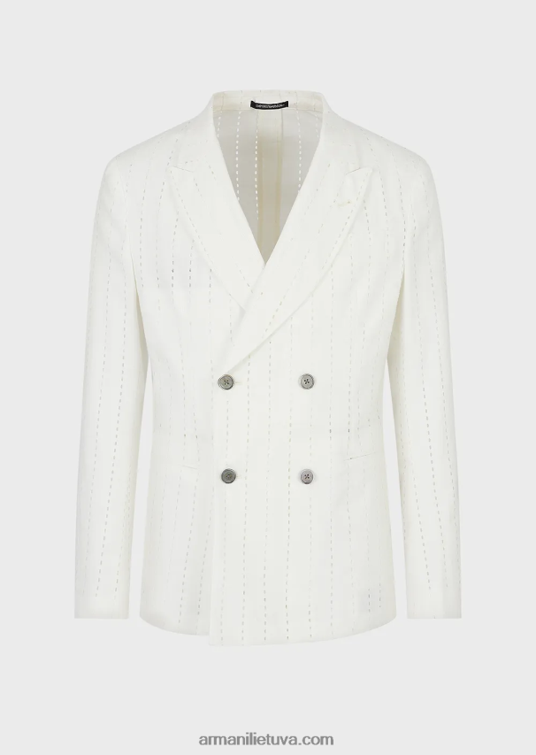 vyrų baltas Armani dvieilis švarkas su atvartais iš dryžuoto efekto perforuoto lino 02482X1028