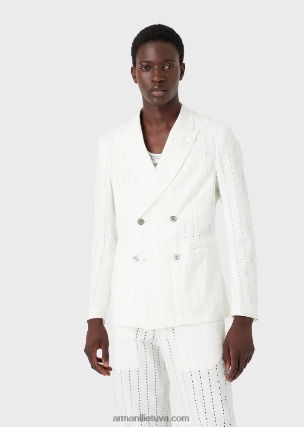 vyrų baltas Armani dvieilis švarkas su atvartais iš dryžuoto efekto perforuoto lino 02482X1028