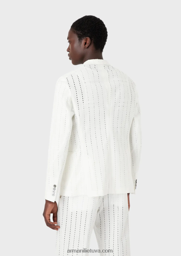 vyrų baltas Armani dvieilis švarkas su atvartais iš dryžuoto efekto perforuoto lino 02482X1028