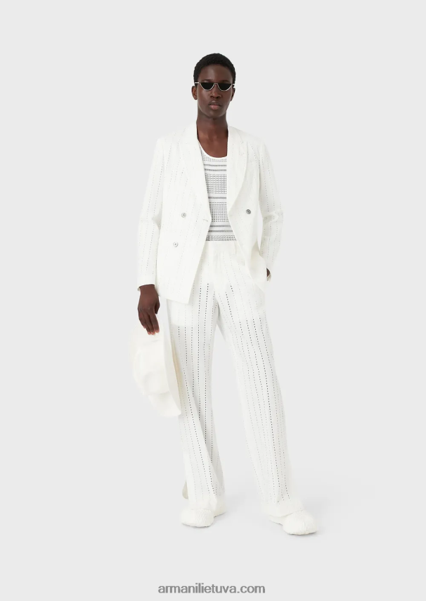 vyrų baltas Armani dvieilis švarkas su atvartais iš dryžuoto efekto perforuoto lino 02482X1028