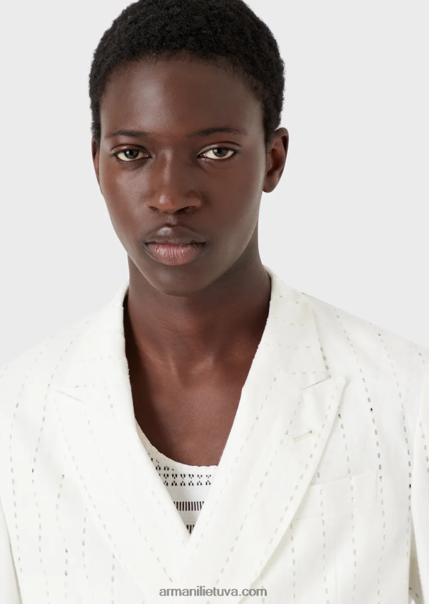 vyrų baltas Armani dvieilis švarkas su atvartais iš dryžuoto efekto perforuoto lino 02482X1028