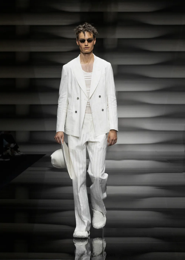 vyrų baltas Armani dvieilis švarkas su atvartais iš dryžuoto efekto perforuoto lino 02482X1028