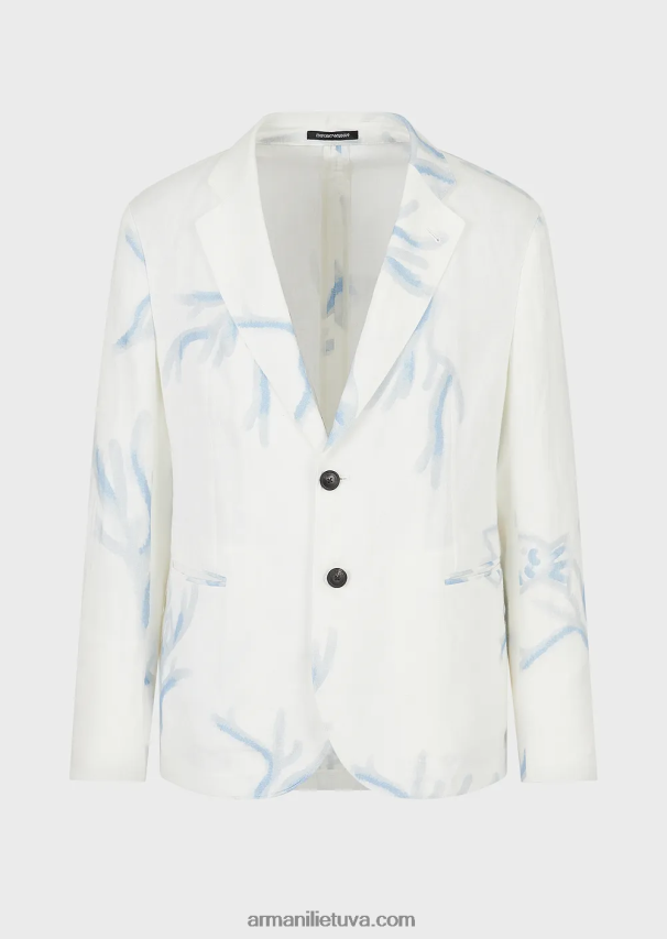 vyrų baltas Armani vienaeilis švarkas iš koralų rašto lino 02482X1030