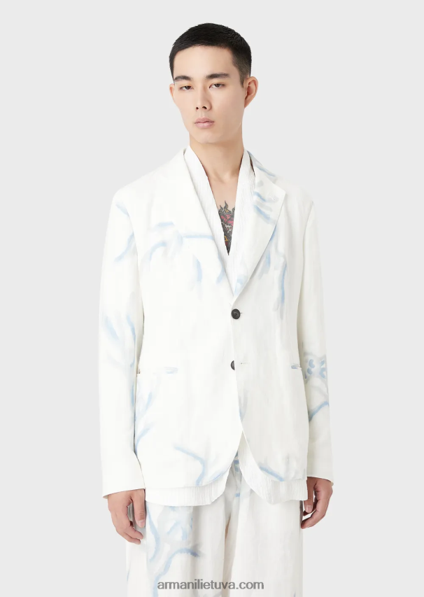 vyrų baltas Armani vienaeilis švarkas iš koralų rašto lino 02482X1030