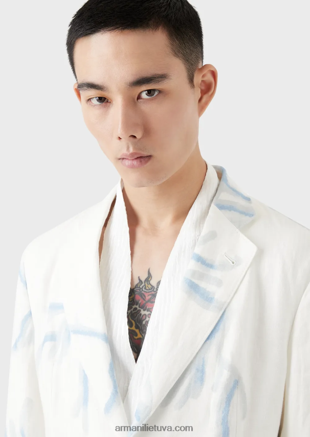 vyrų baltas Armani vienaeilis švarkas iš koralų rašto lino 02482X1030