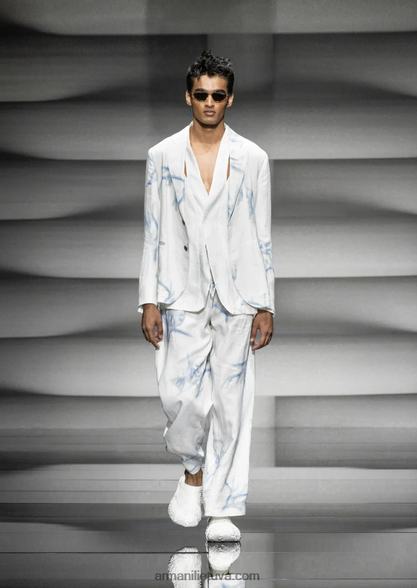 vyrų baltas Armani vienaeilis švarkas iš koralų rašto lino 02482X1030