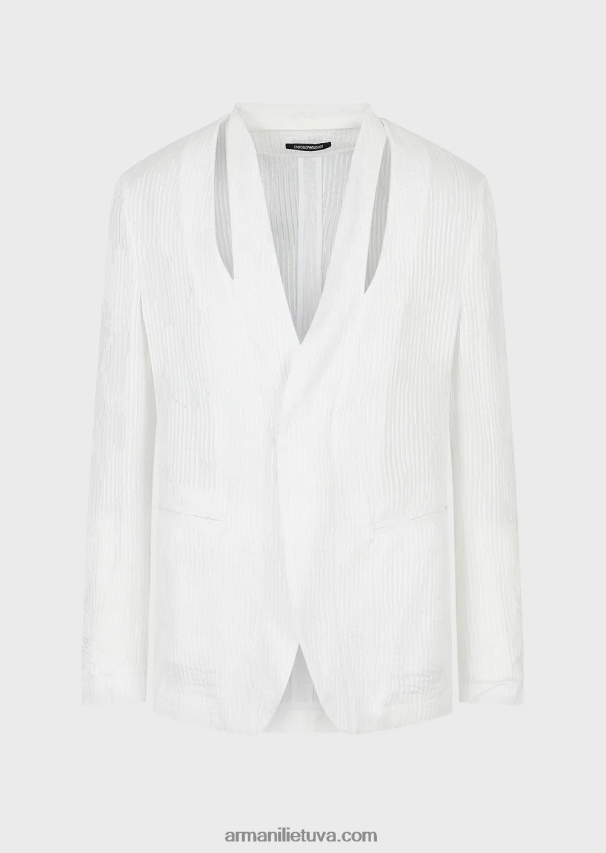 vyrų baltas Armani vienaeilis švarkas su skeltuku ties iškirpte iš klostuoto žakardo šilko mišinio 02482X1044