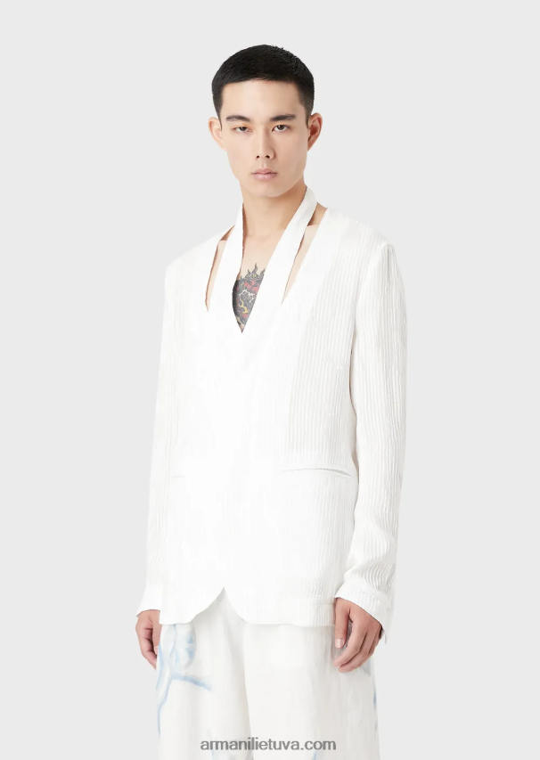 vyrų baltas Armani vienaeilis švarkas su skeltuku ties iškirpte iš klostuoto žakardo šilko mišinio 02482X1044