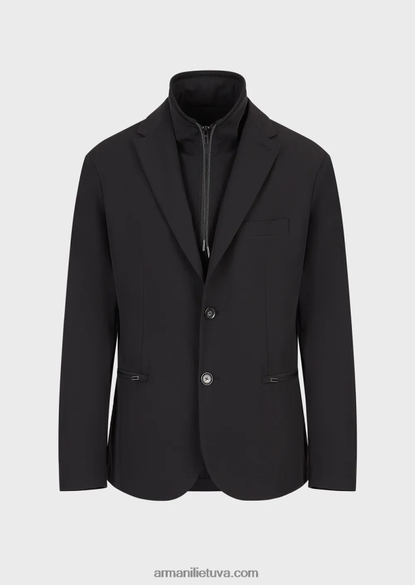 vyrų juodas Armani Travel essentials vandeniui atstumiantis dvipusis tamprus techninis nailono švarkas su nuimamu vidiniu skydeliu 02482X1015