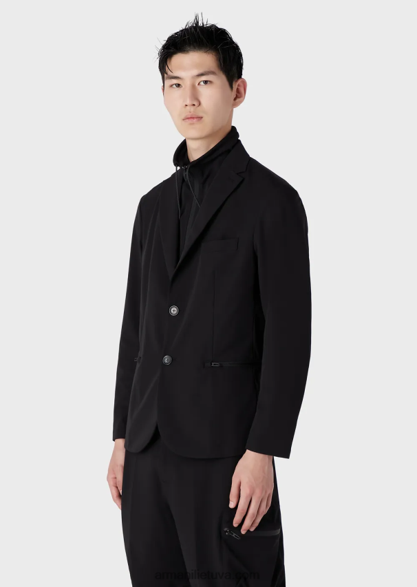 vyrų juodas Armani Travel essentials vandeniui atstumiantis dvipusis tamprus techninis nailono švarkas su nuimamu vidiniu skydeliu 02482X1015