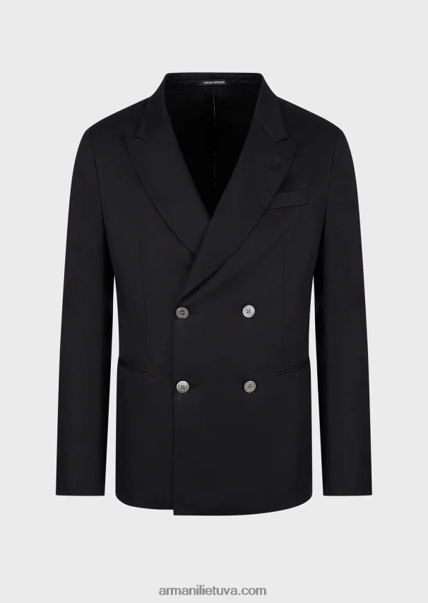 vyrų juodas Armani dvieilis švarkas su atvartais iš lengvo medvilninio atlaso 02482X1026