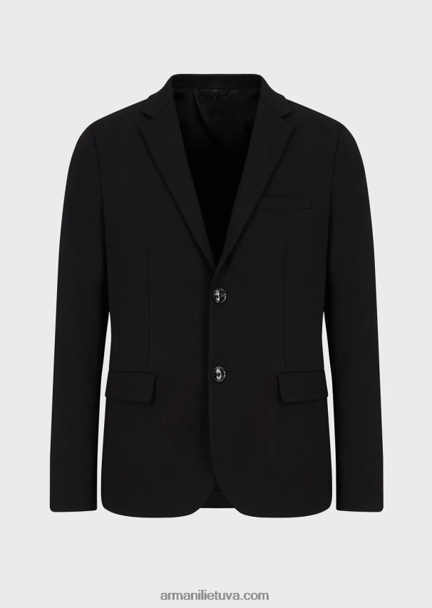 vyrų juodas Armani dygsniuotas džersis vienaeilis švarkas 02482X1041