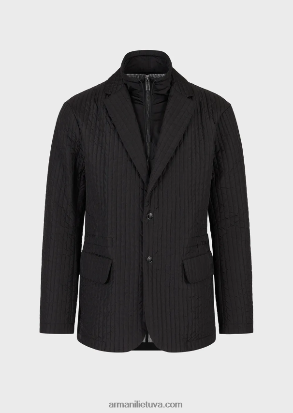 vyrų juodas Armani dygsniuotas vandenį atstumiantis perdirbto nailono švarkas su nuimamu vidiniu skydeliu 02482X1014