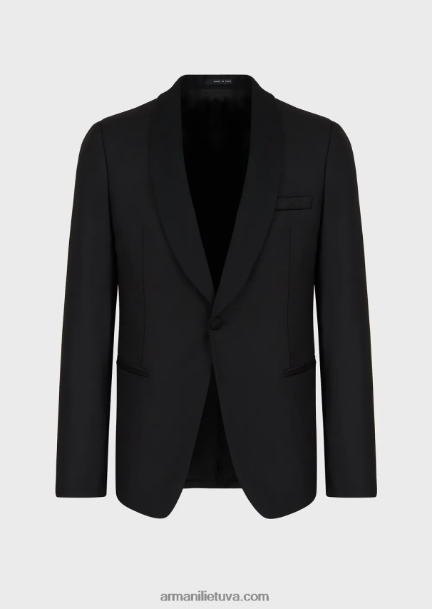 vyrų juodas Armani šukuotinės vilnos švarkas su atlasine skara atvartais 02482X1053