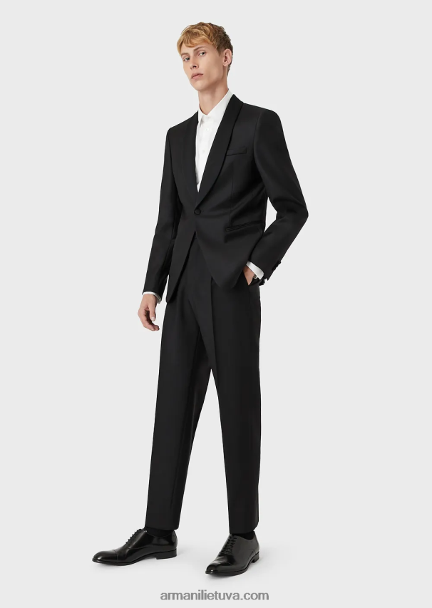 vyrų juodas Armani šukuotinės vilnos švarkas su atlasine skara atvartais 02482X1053