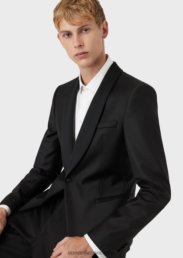 vyrų juodas Armani šukuotinės vilnos švarkas su atlasine skara atvartais 02482X1053