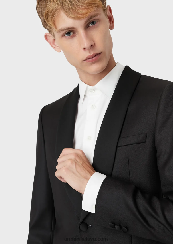 vyrų juodas Armani šukuotinės vilnos švarkas su atlasine skara atvartais 02482X1053