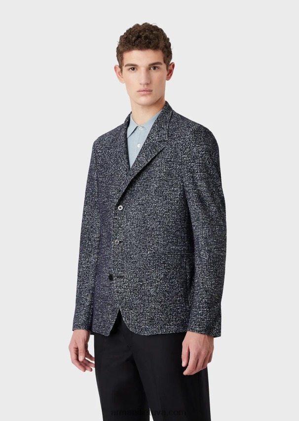 vyrų mėlyna Armani Nehru striukė su apykakle iš tinklinio audinio su spaudiniu 02482X1037