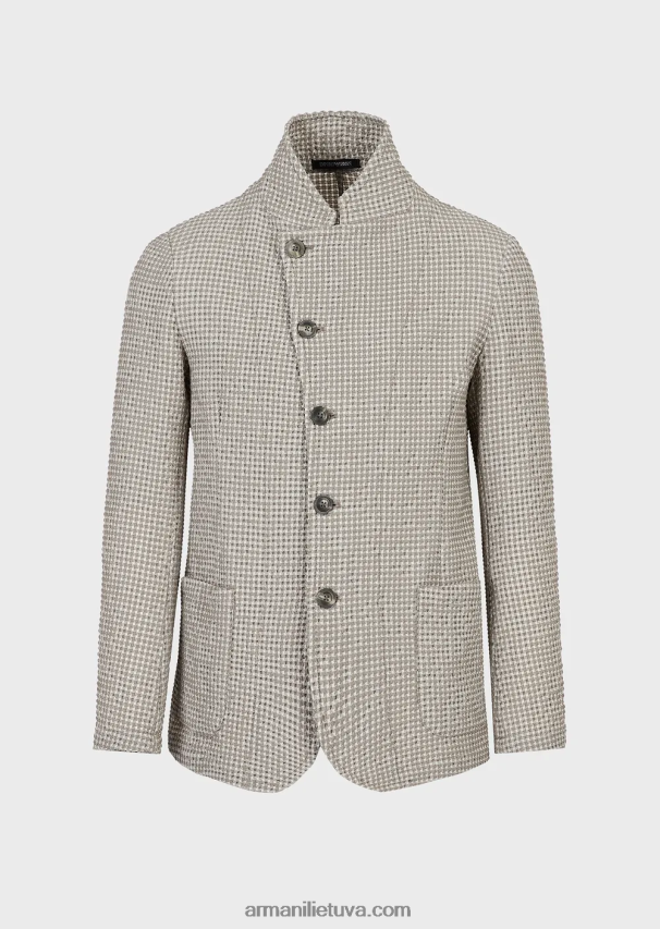 vyrų rudas Armani 3D efekto tamprus houndstooth grynos vilnos mišinio striukė su guru apykakle 02482X1032