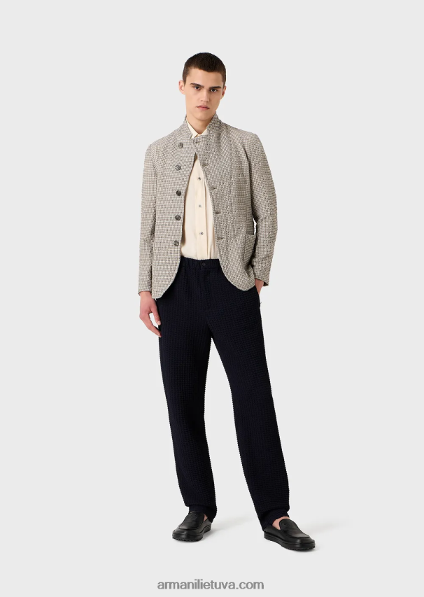 vyrų rudas Armani 3D efekto tamprus houndstooth grynos vilnos mišinio striukė su guru apykakle 02482X1032